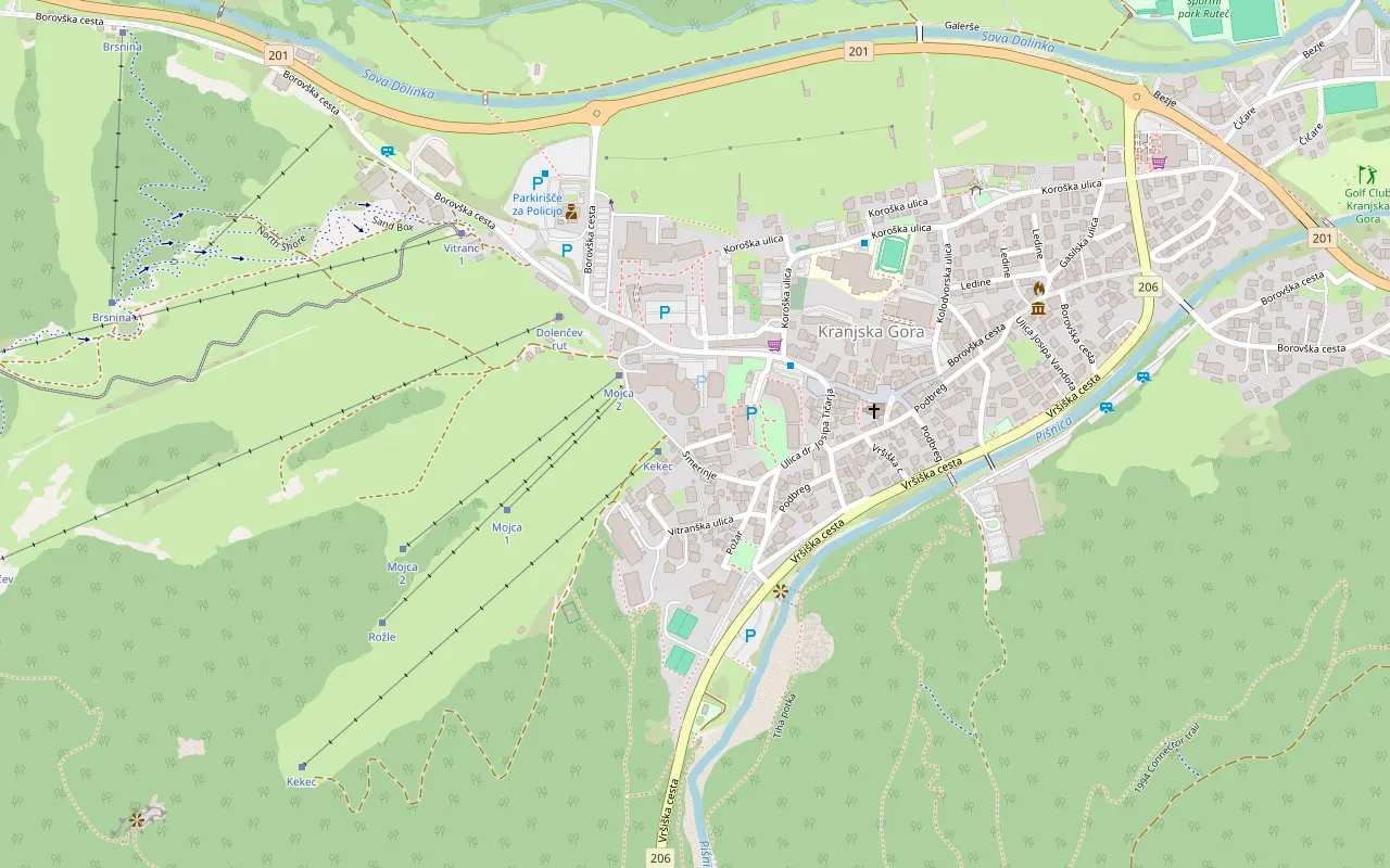 Map of Kranjska Gora: the Smučka house at Smerinje 8, by the bottom of the Kekec lift and a few streets from the centre