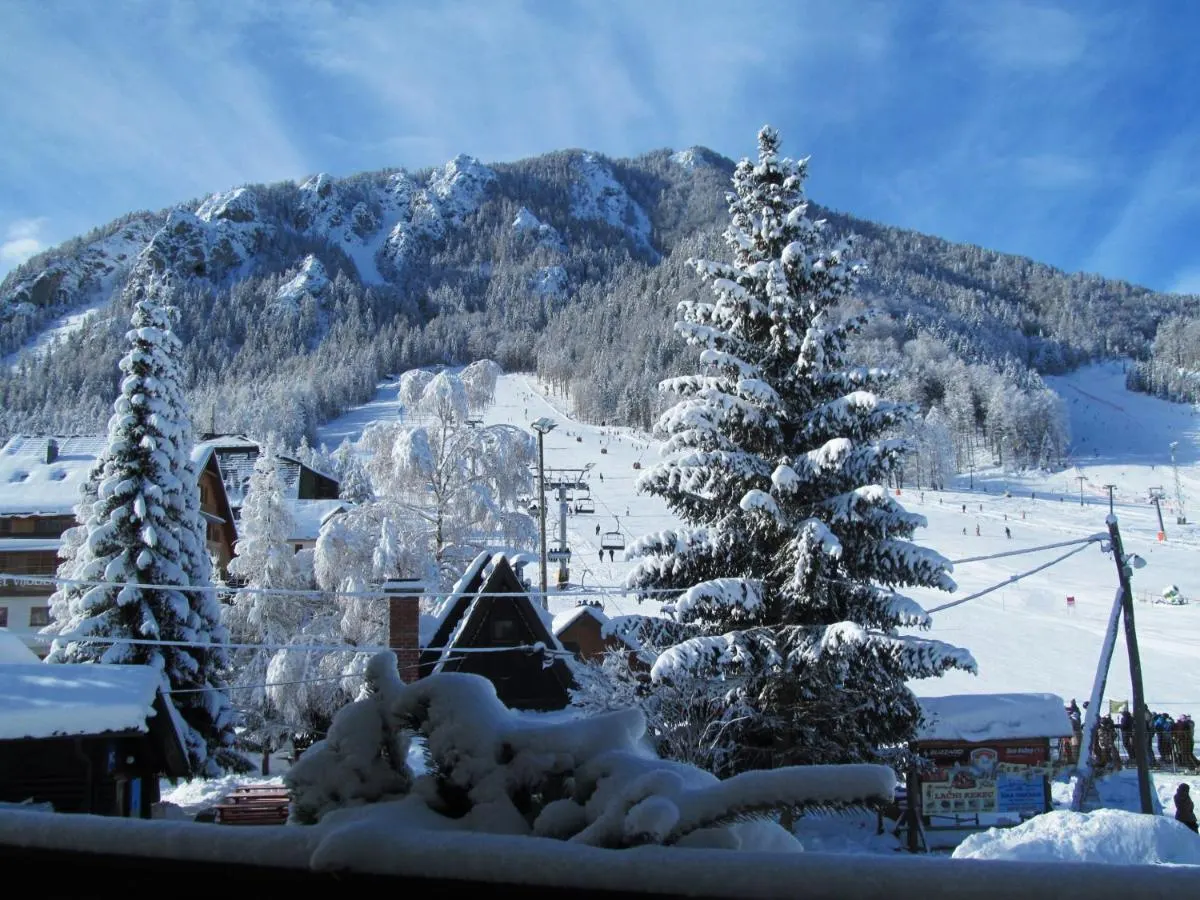 The house in winter with the ski slope behind